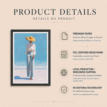 Affiche femme chapeau de paille plage, art mural peinture mode, portrait bord de mer bleu