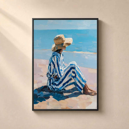 Affiche femme assise plage, art mural peinture impressionniste, portrait bord de mer bleu