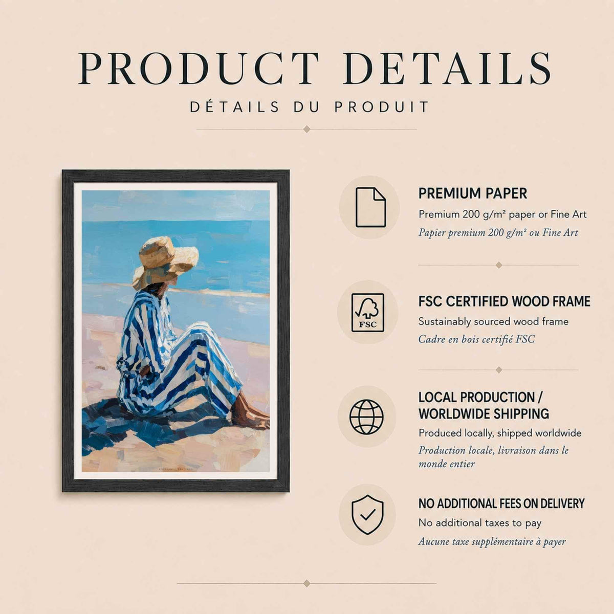 Affiche femme assise plage, art mural peinture impressionniste, portrait bord de mer bleu