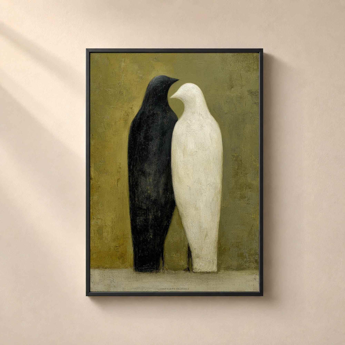 Affiche deux oiseaux noir et blanc, art mural couple minimaliste, peinture folk fond olive