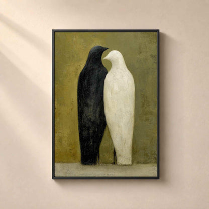 Affiche deux oiseaux noir et blanc, art mural couple minimaliste, peinture folk fond olive