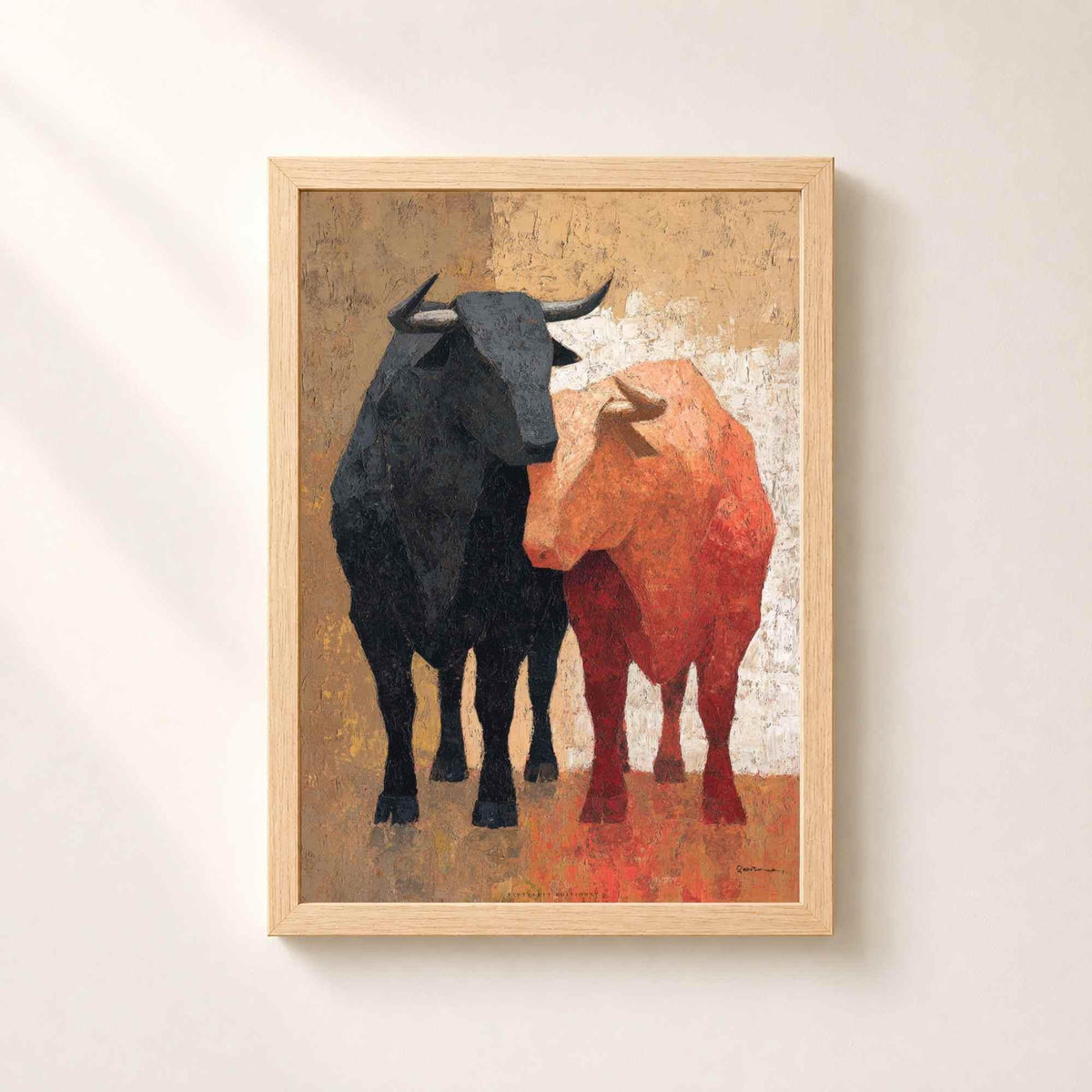 Affiche deux taureaux, art mural peinture espagnole, toile au couteau ocre et rouge