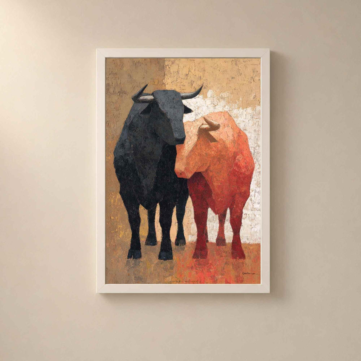 Affiche deux taureaux, art mural peinture espagnole, toile au couteau ocre et rouge