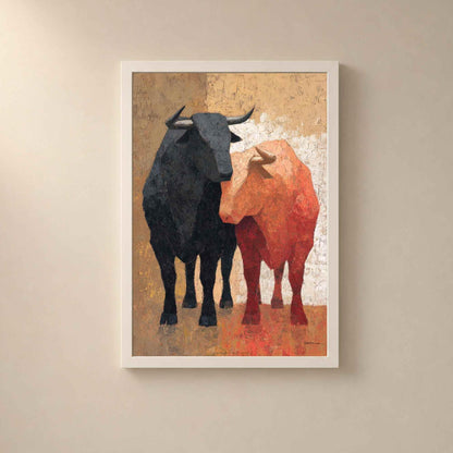 Affiche deux taureaux, art mural peinture espagnole, toile au couteau ocre et rouge