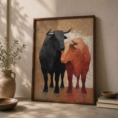 Affiche deux taureaux dans un cadre en bois sombre sur un mur clair, un taureau noir et un taureau roux tête contre tête sur fond ocre texturé.