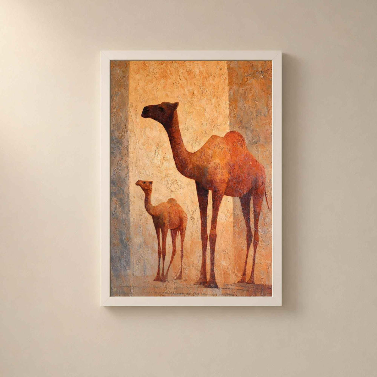 Affiche dromadaire et son petit, art mural peinture orientale, toile texturée ocre et terre cuite