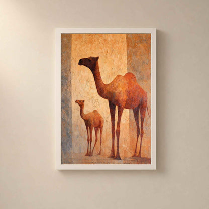Affiche dromadaire et son petit, art mural peinture orientale, toile texturée ocre et terre cuite