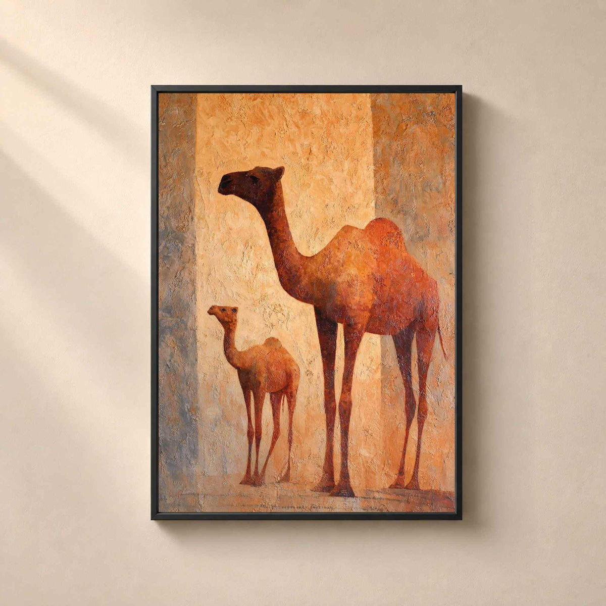 Affiche dromadaire et son petit, art mural peinture orientale, toile texturée ocre et terre cuite