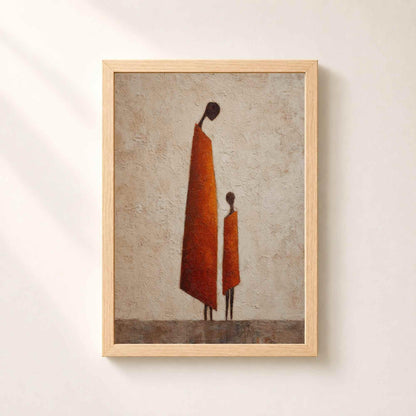Affiche mère et enfant africaine, art mural silhouette terracotta, peinture texturée orange