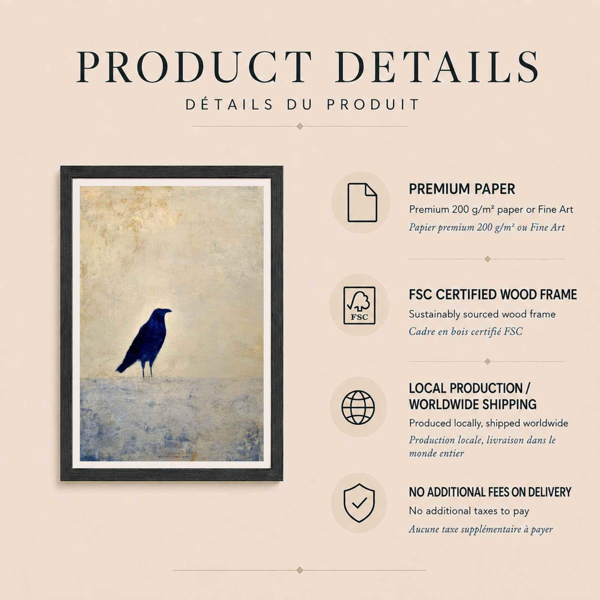 Affiche corbeau bleu, art mural peinture minimaliste, oiseau solitaire fond crème patiné