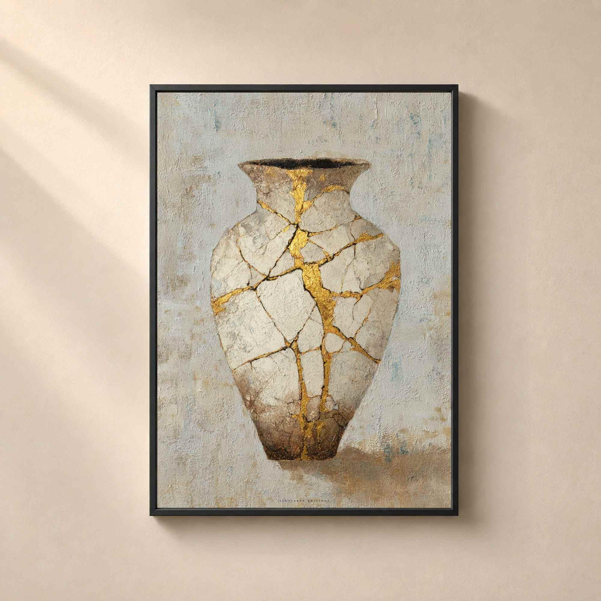 Affiche vase kintsugi doré, art mural wabi-sabi, peinture céramique fêlée réparée à l'or