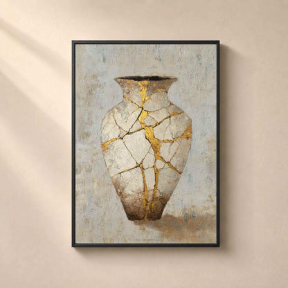 Affiche vase kintsugi doré, art mural wabi-sabi, peinture céramique fêlée réparée à l'or