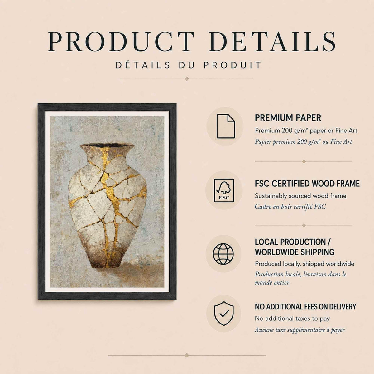 Affiche vase kintsugi doré, art mural wabi-sabi, peinture céramique fêlée réparée à l'or