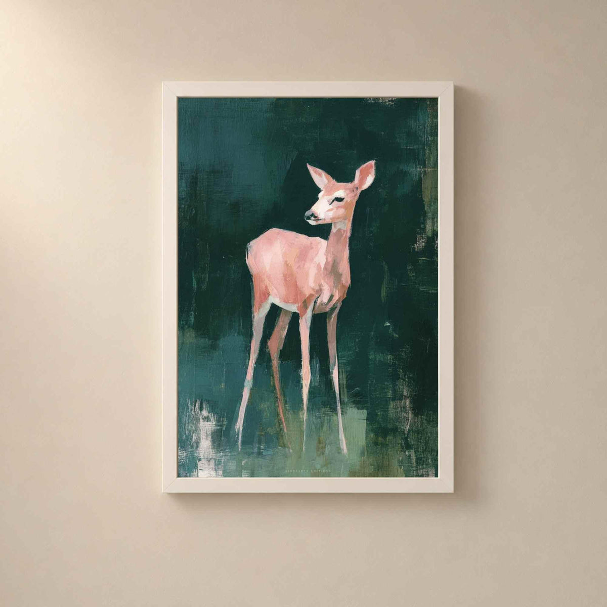 Affiche faon rose fond vert, art mural chambre enfant, peinture animale forêt nursery
