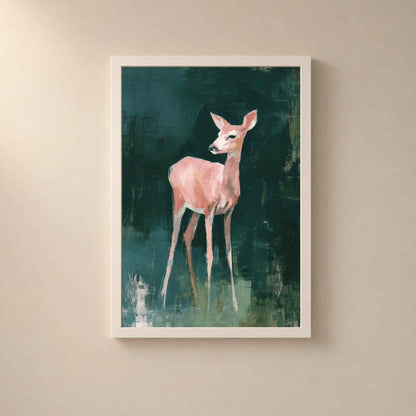 Affiche faon rose fond vert, art mural chambre enfant, peinture animale forêt nursery