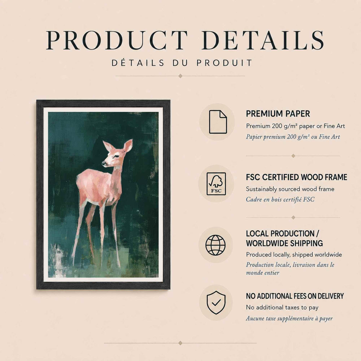 Affiche faon rose fond vert, art mural chambre enfant, peinture animale forêt nursery