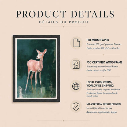 Affiche faon rose fond vert, art mural chambre enfant, peinture animale forêt nursery
