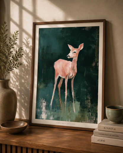 Affiche faon rose fond vert, art mural chambre enfant, peinture animale forêt nursery