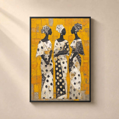 Affiche trois femmes africaines dans un cadre noir fin sur un mur beige, silhouettes drapées façon peinture ethnique contemporaine.