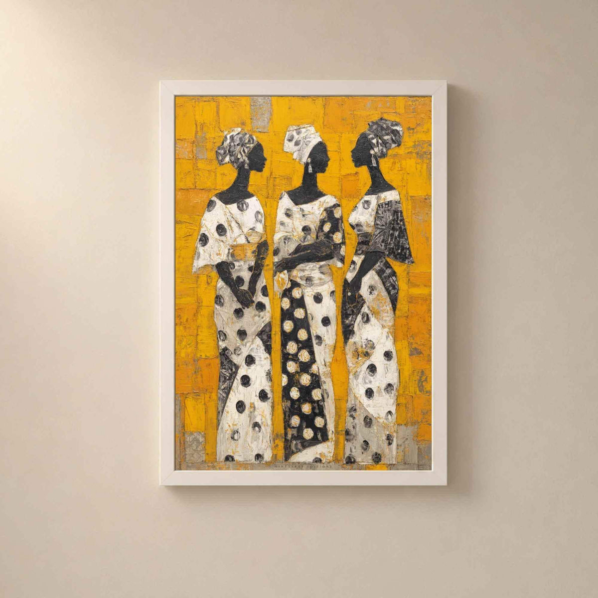 Affiche trois femmes africaines, art mural peinture ethnique, toile texturée jaune et noir