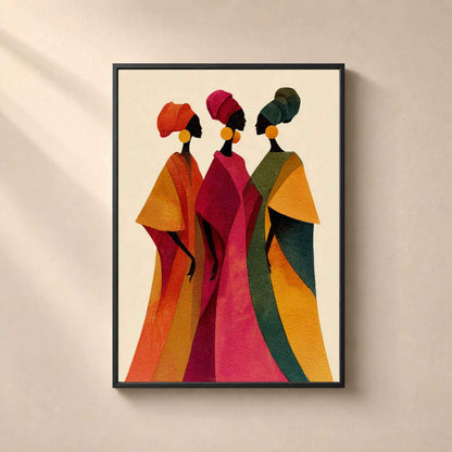 Affiche femmes africaines boubous, art mural boho coloré, illustration trois femmes profil