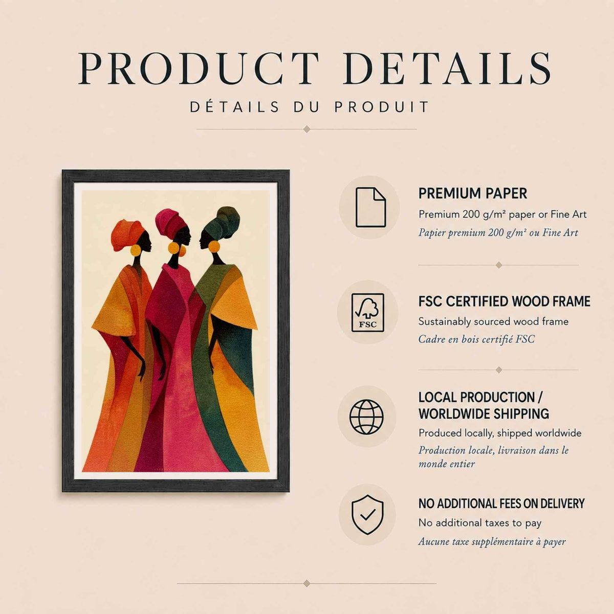 Affiche femmes africaines boubous, art mural boho coloré, illustration trois femmes profil
