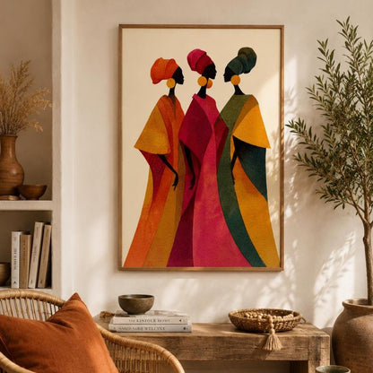 Affiche femmes africaines boubous, art mural boho coloré, illustration trois femmes profil