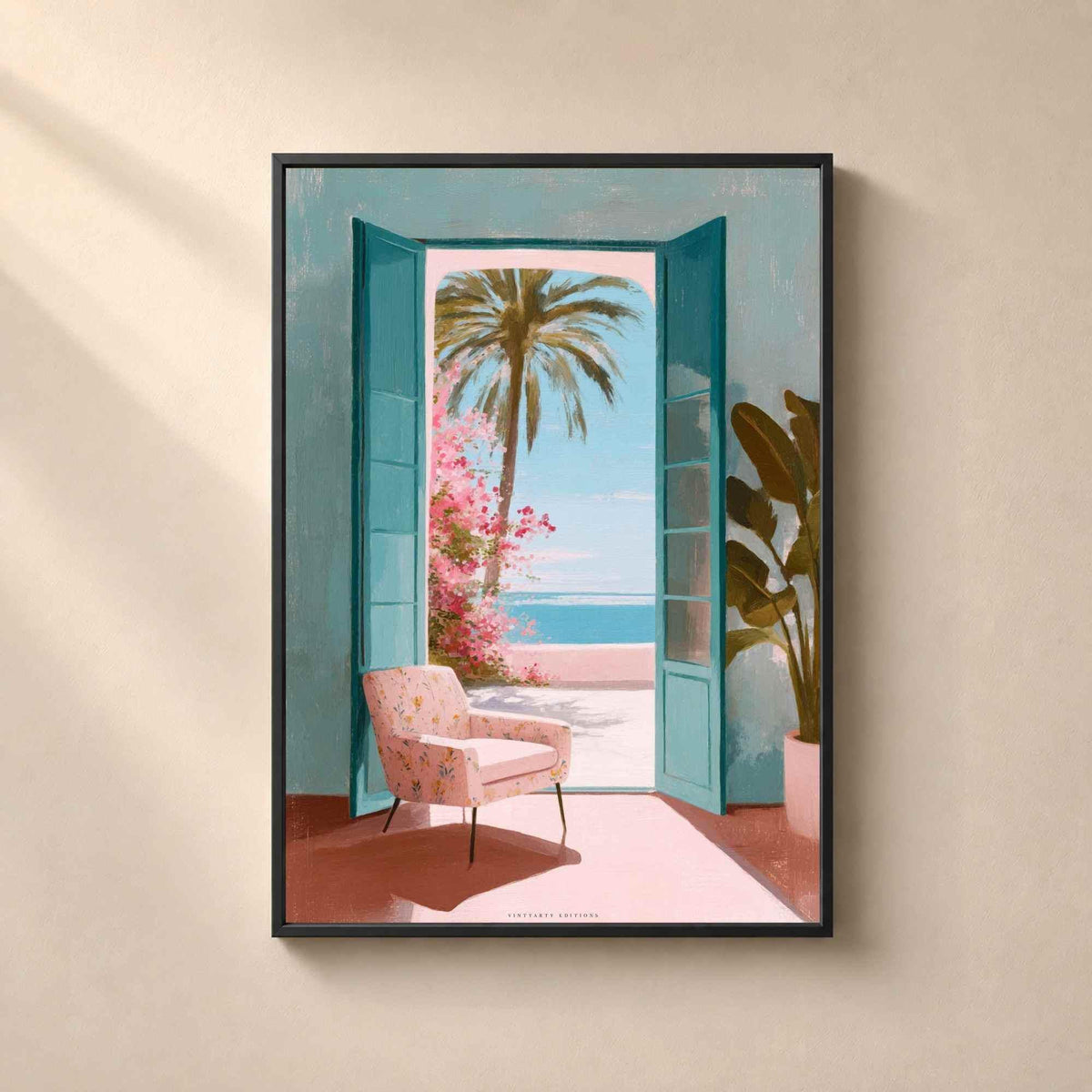 Affiche porte sur la mer méditerranée, art mural voyage coloré, peinture riviera fauteuil rose