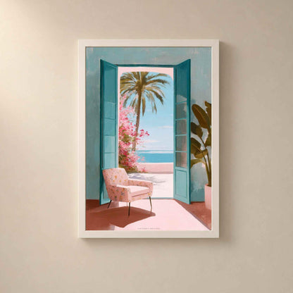 Affiche porte sur la mer méditerranée, art mural voyage coloré, peinture riviera fauteuil rose