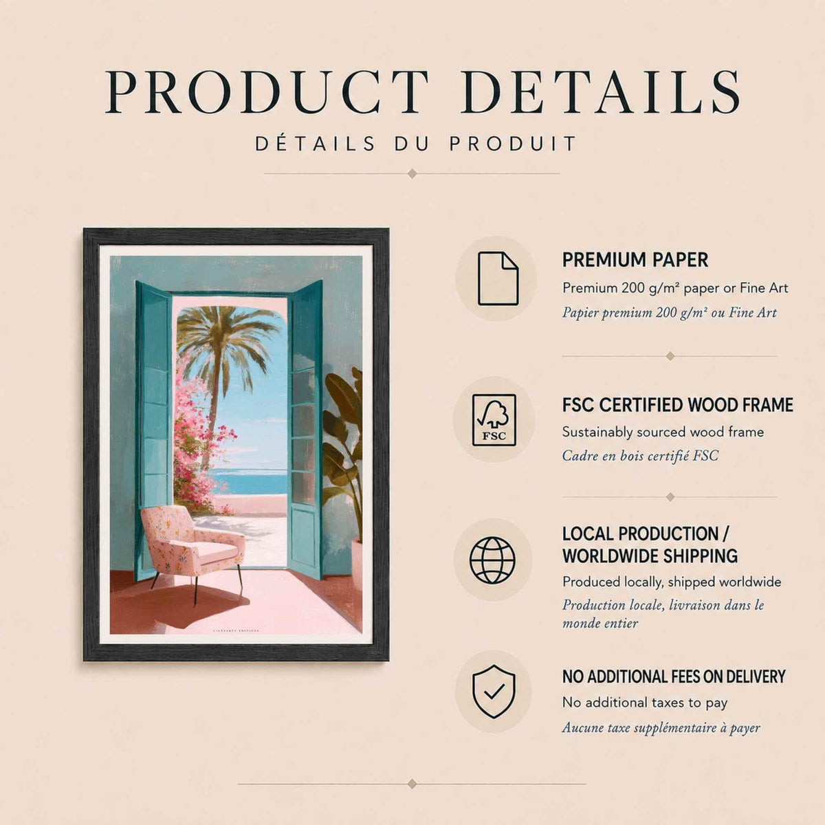Affiche porte sur la mer méditerranée, art mural voyage coloré, peinture riviera fauteuil rose