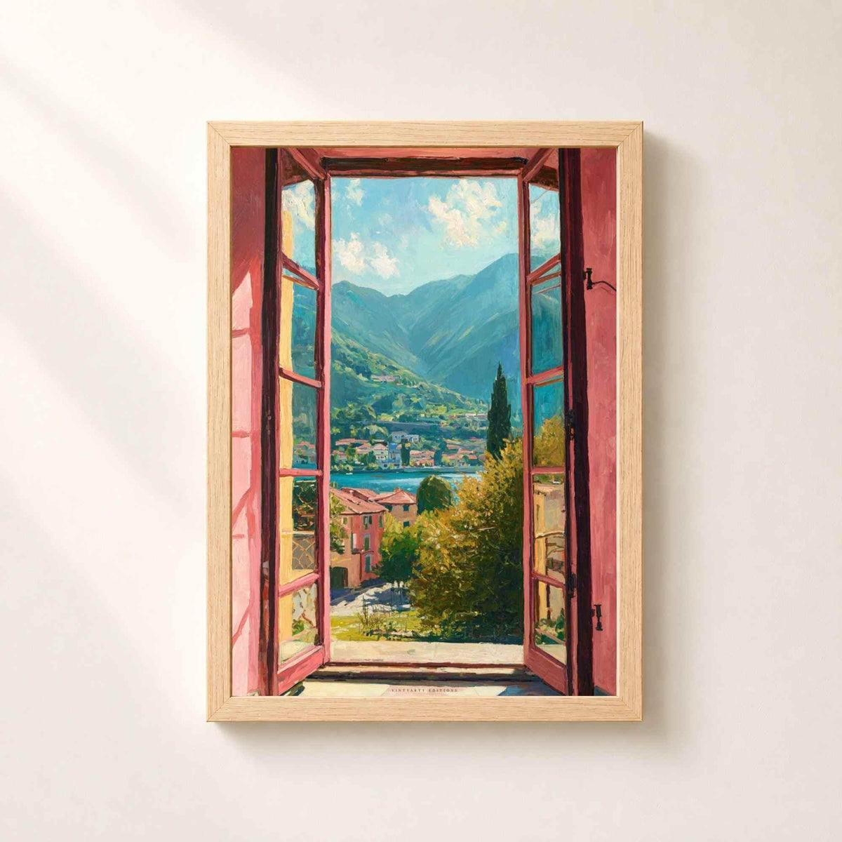 Affiche fenêtre sur lac de Côme, art mural paysage Italie, peinture impressionniste volets roses