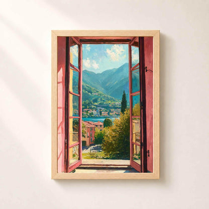 Affiche fenêtre sur lac de Côme, art mural paysage Italie, peinture impressionniste volets roses