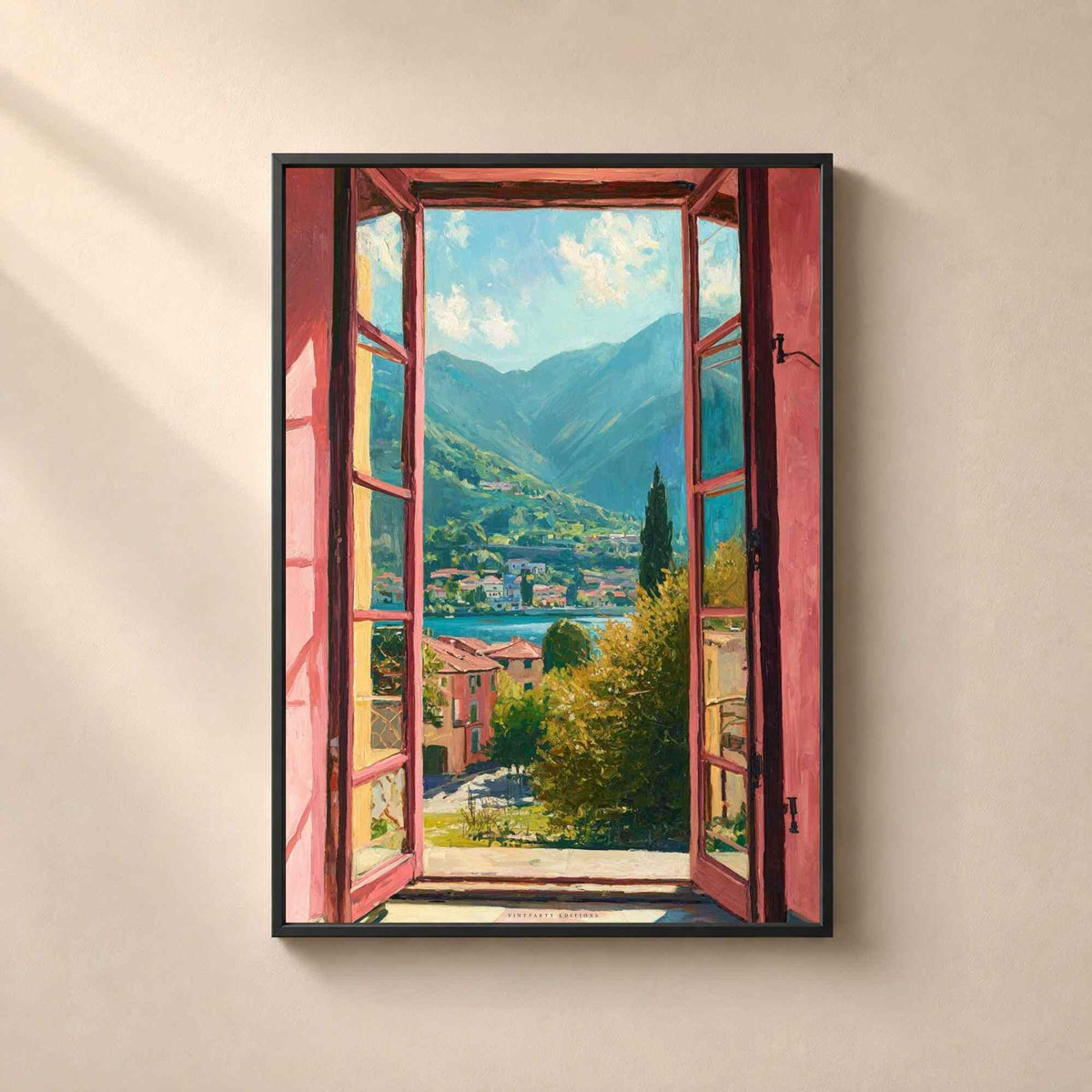 Affiche fenêtre sur lac de Côme, art mural paysage Italie, peinture impressionniste volets roses