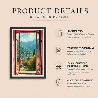 Affiche fenêtre sur lac de Côme, art mural paysage Italie, peinture impressionniste volets roses