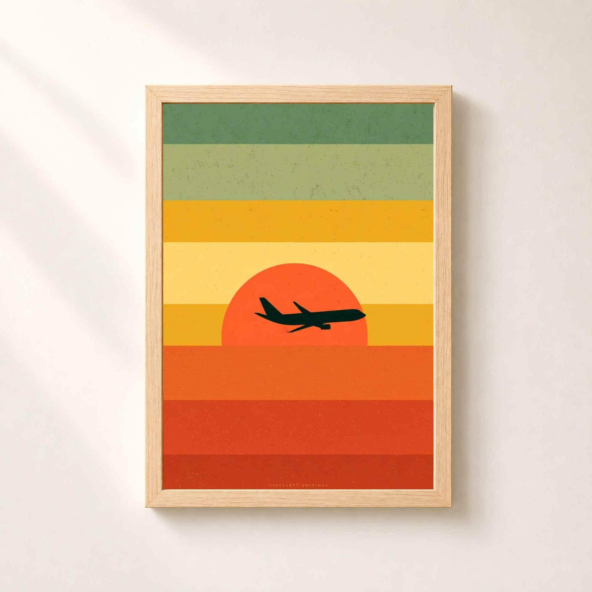 Affiche avion soleil couchant rétro, art mural voyage vintage, illustration seventies colorée
