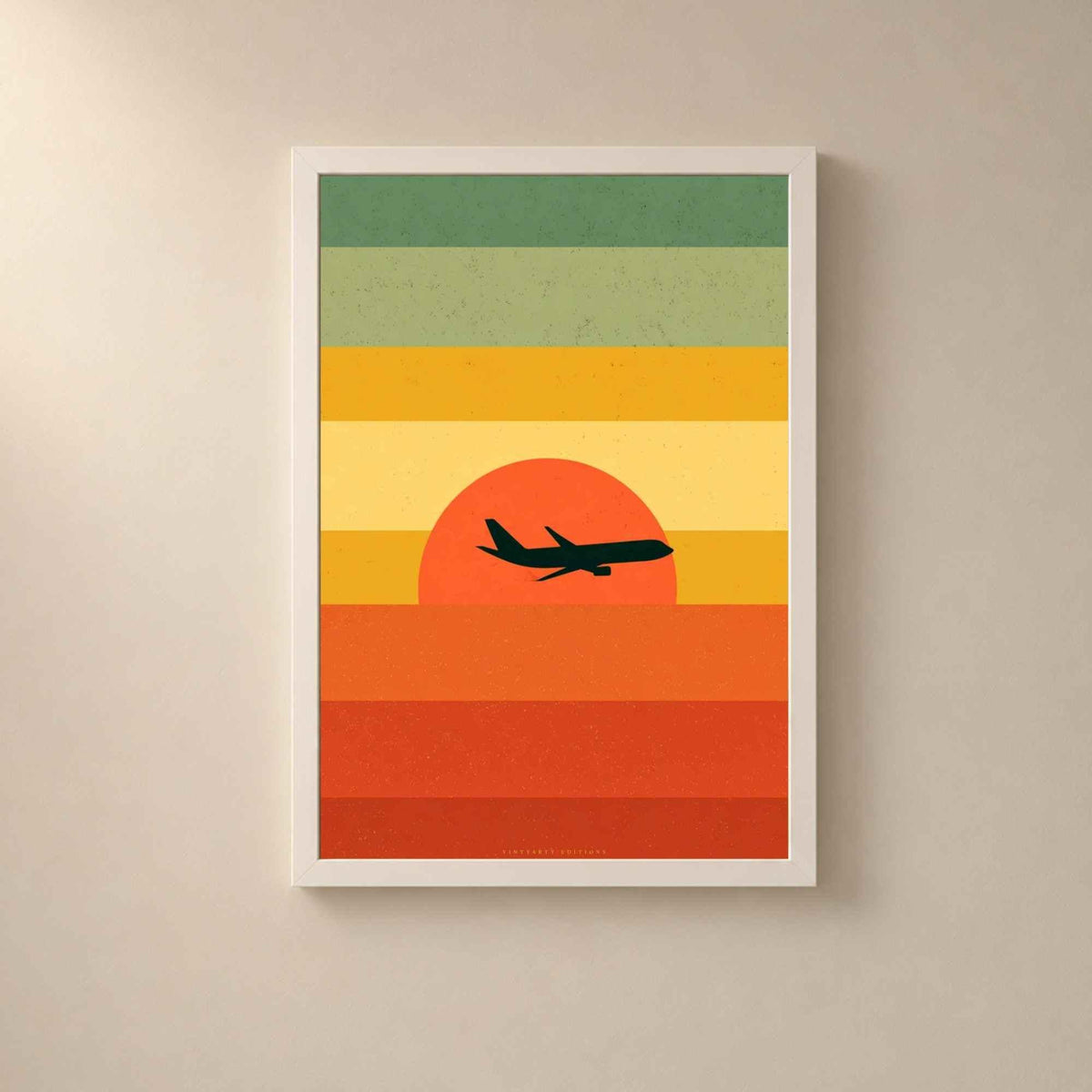 Affiche avion soleil couchant rétro, art mural voyage vintage, illustration seventies colorée