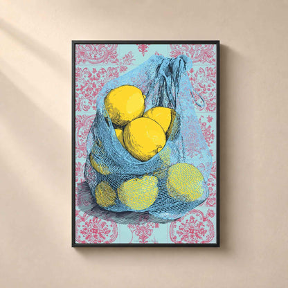 Affiche citrons pop art, art mural cuisine coloré, illustration filet citrons carreaux ciment