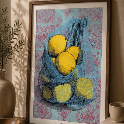 Affiche citrons pop art, art mural cuisine coloré, illustration filet citrons carreaux ciment