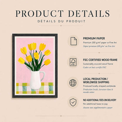 Affiche tulipes jaunes pichet, art mural fleurs gouache, nature morte printemps rose et vichy