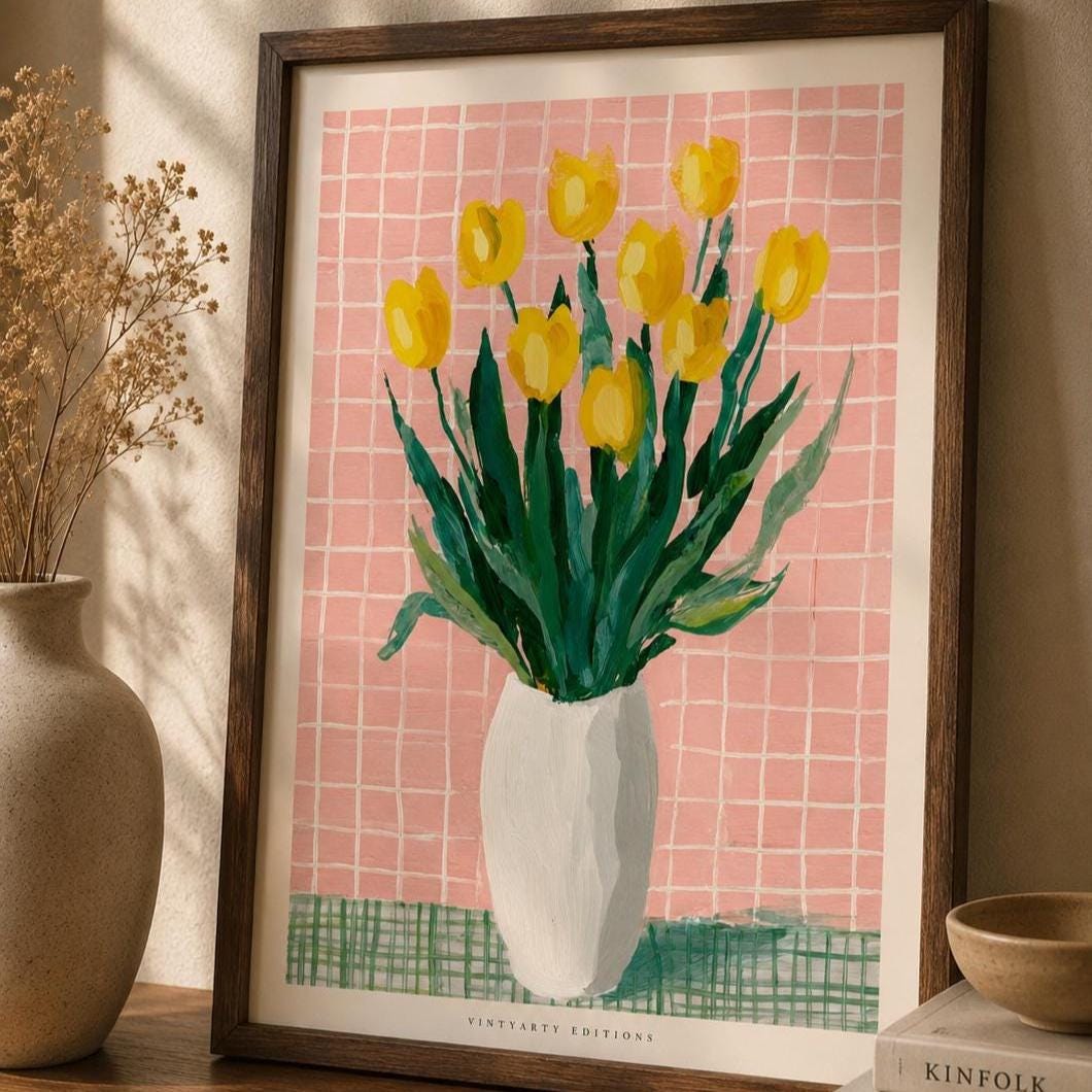 Affiche tulipes jaunes pichet, art mural fleurs gouache, nature morte printemps rose et vichy