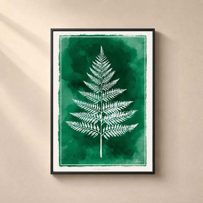 Affiche fougère verte, art mural botanique, empreinte végétale aquarelle émeraude