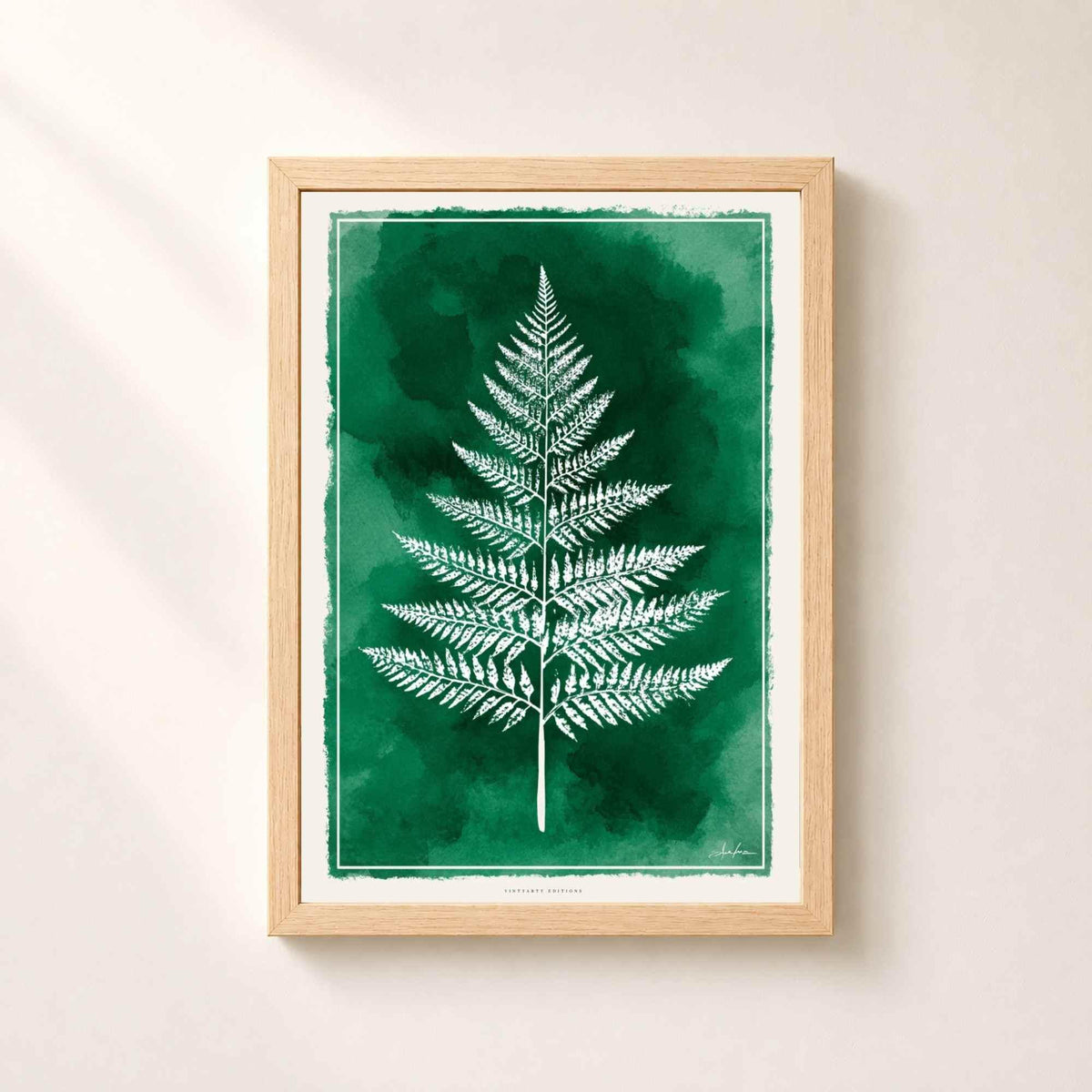 Affiche fougère verte, art mural botanique, empreinte végétale aquarelle émeraude