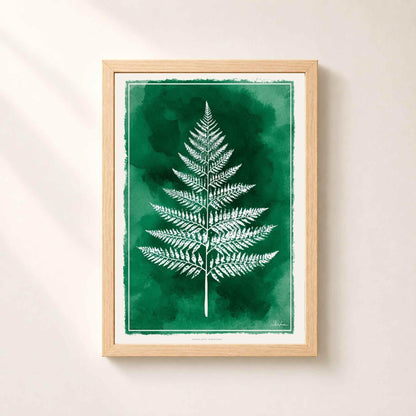 Affiche fougère verte, art mural botanique, empreinte végétale aquarelle émeraude