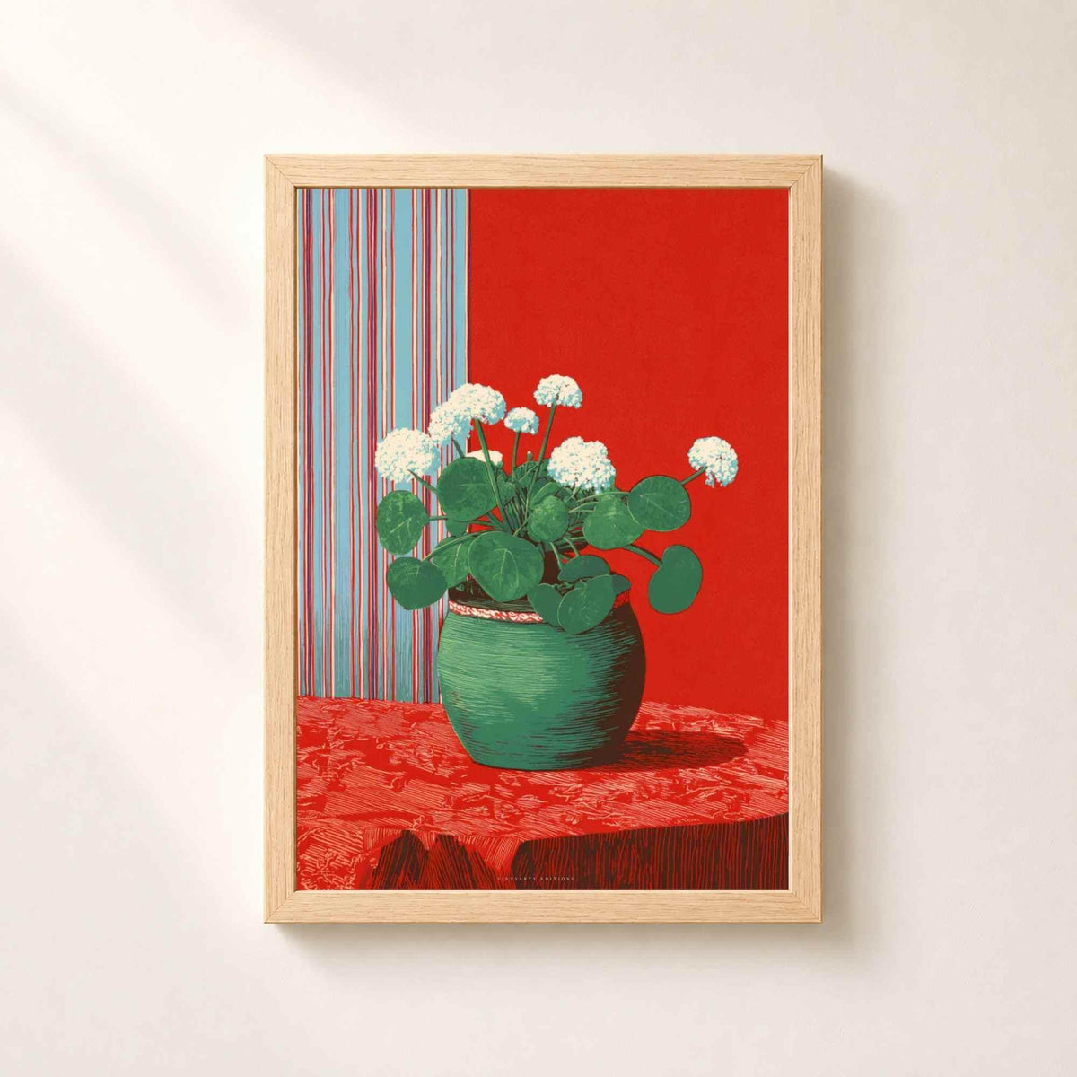 Affiche plante fleurie pot vert, art mural sérigraphie, nature morte rouge et vert maximaliste