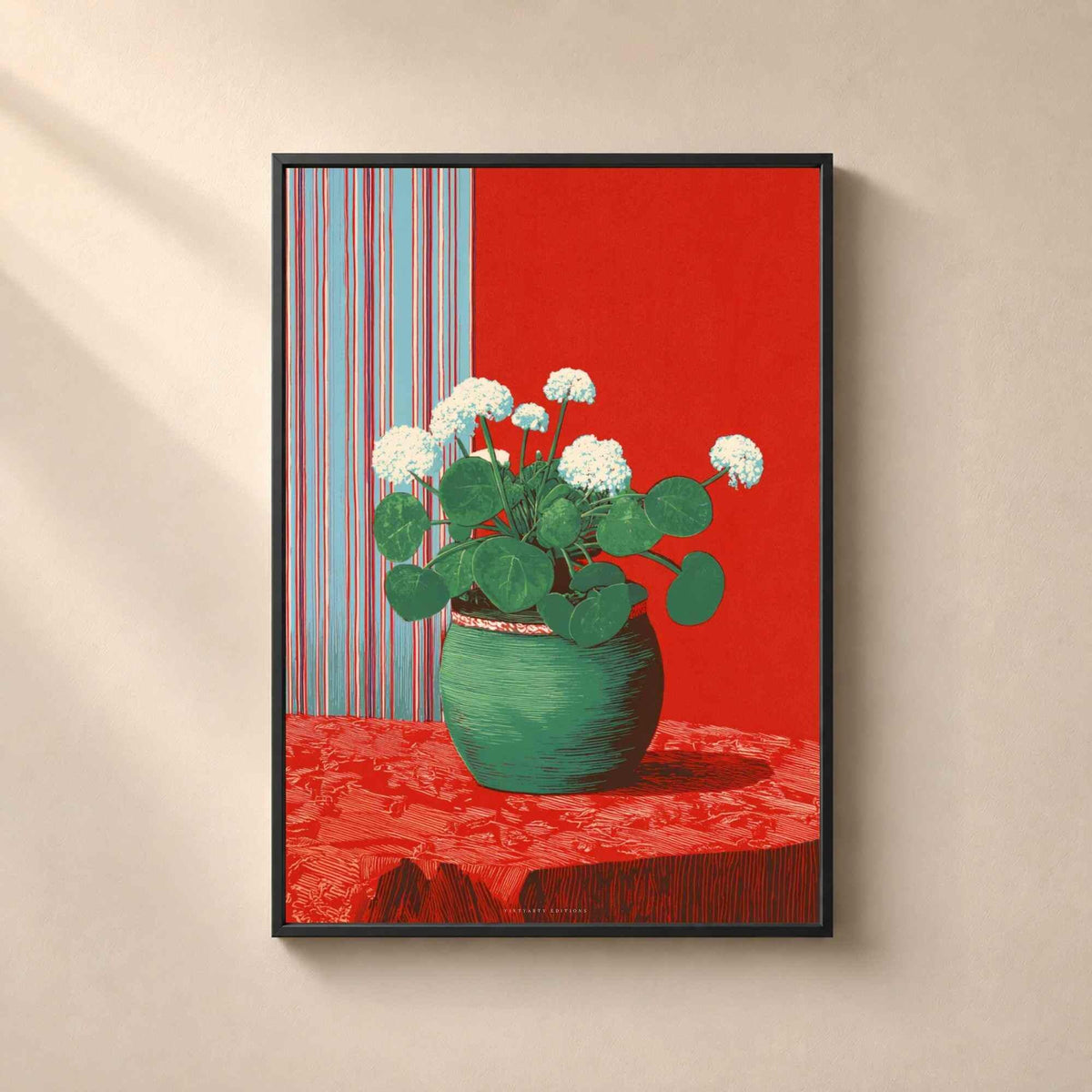 Affiche plante fleurie pot vert, art mural sérigraphie, nature morte rouge et vert maximaliste
