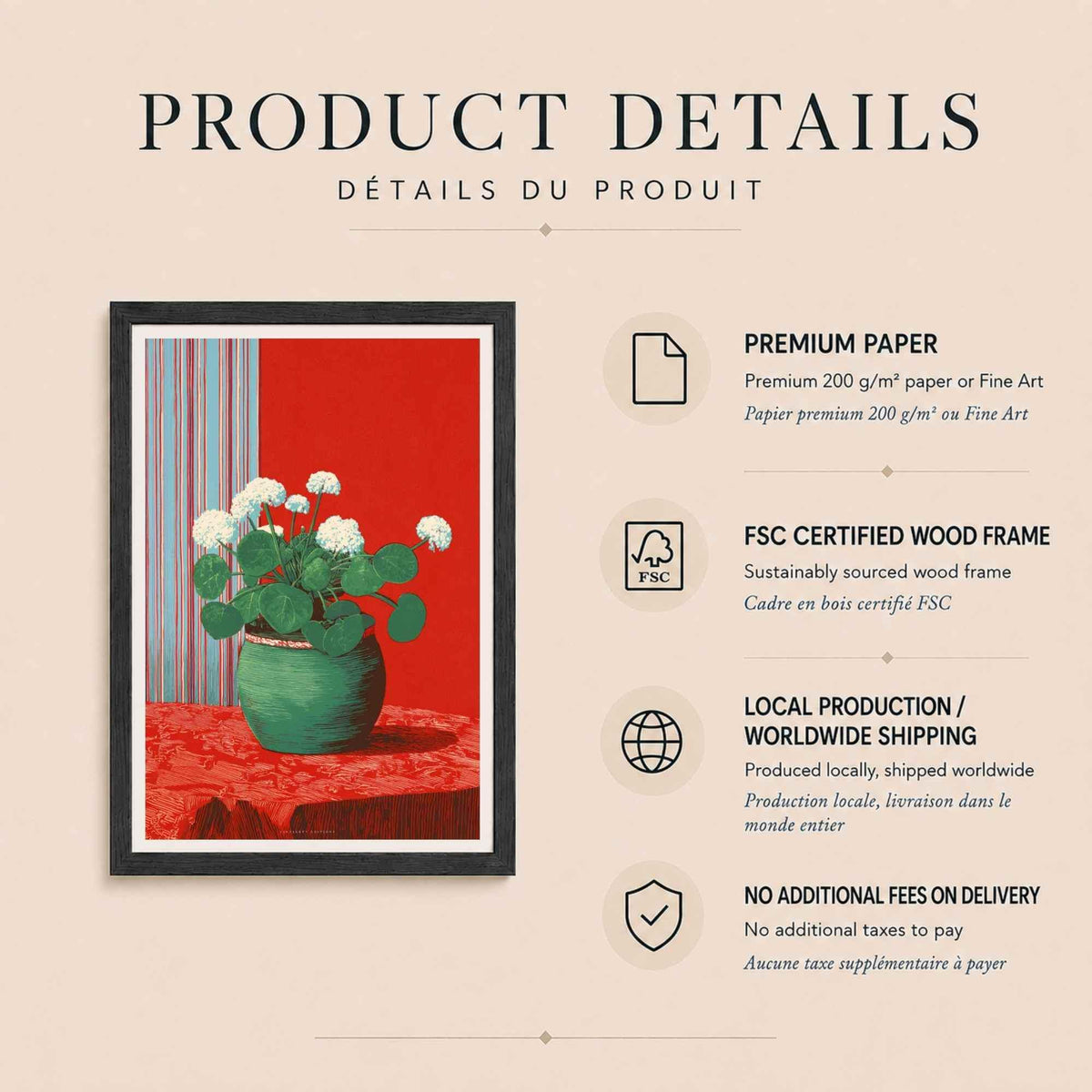 Affiche plante fleurie pot vert, art mural sérigraphie, nature morte rouge et vert maximaliste