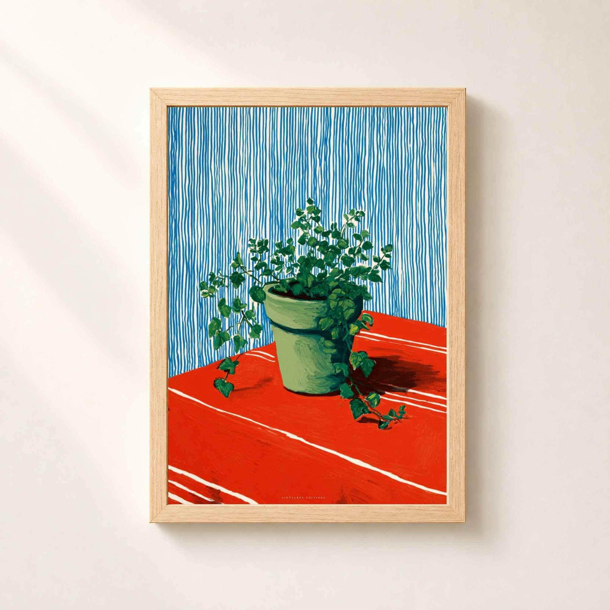 Affiche lierre en pot, art mural cuisine gouache, nature morte rouge et bleu colorée