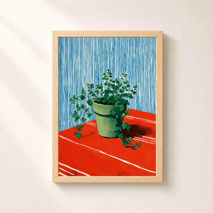 Affiche lierre en pot, art mural cuisine gouache, nature morte rouge et bleu colorée