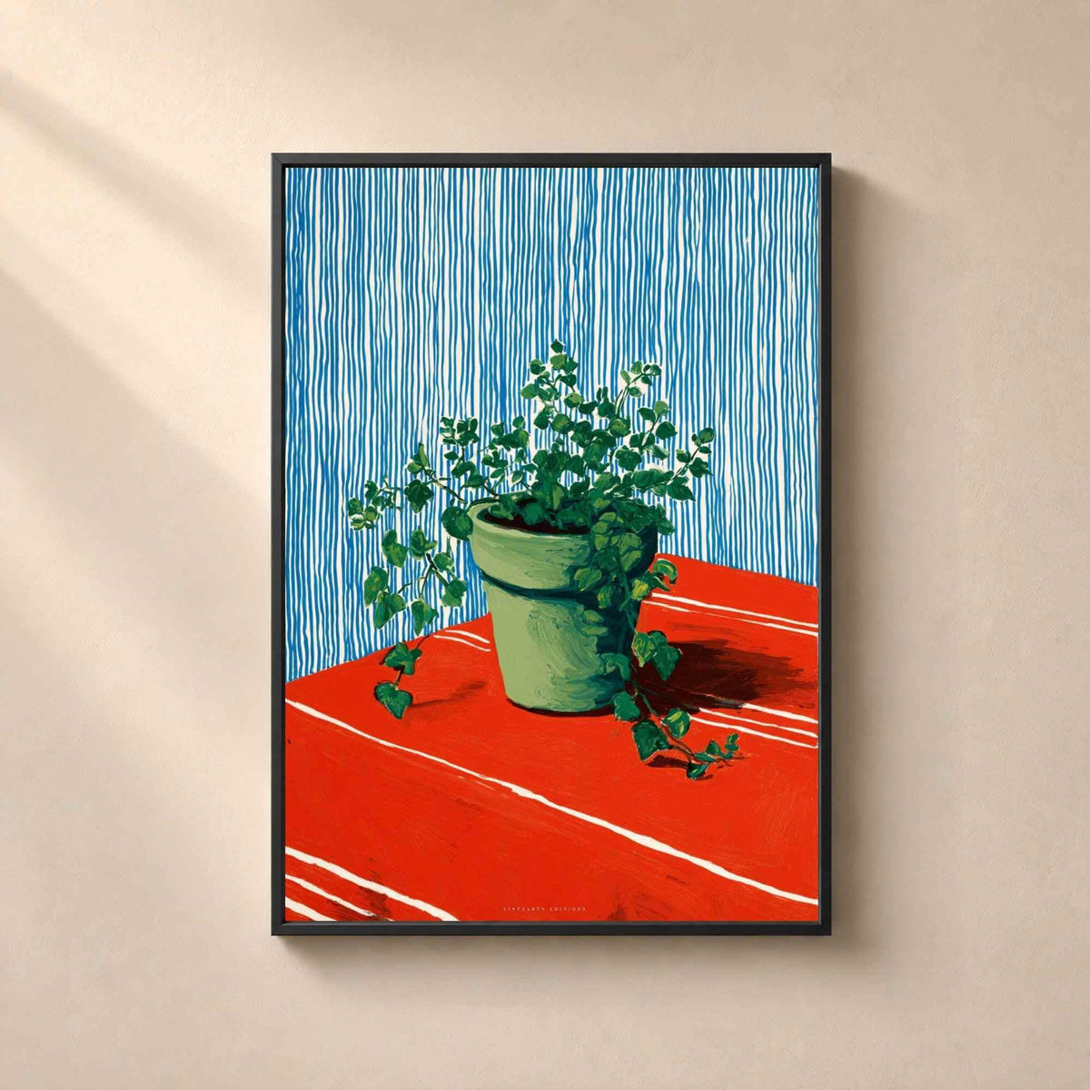 Affiche lierre en pot, art mural cuisine gouache, nature morte rouge et bleu colorée