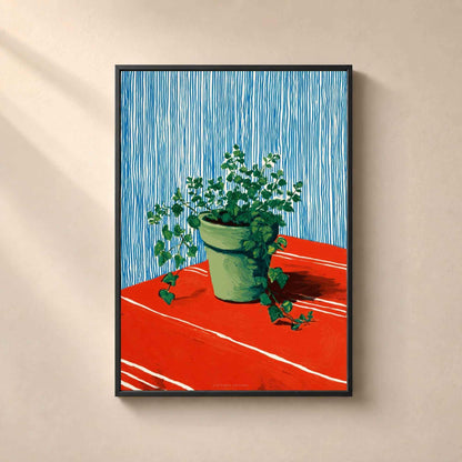 Affiche lierre en pot, art mural cuisine gouache, nature morte rouge et bleu colorée